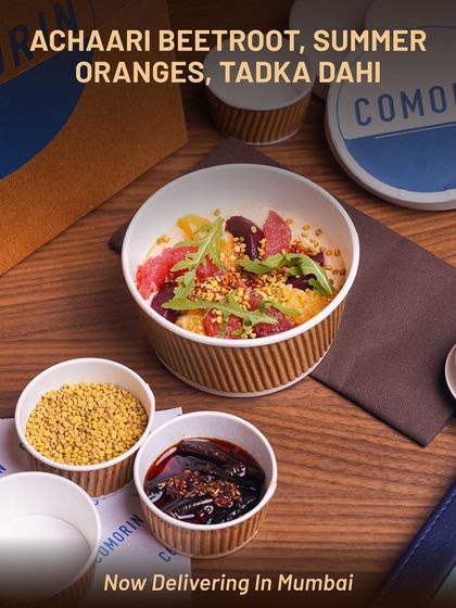 Our Achaari Beetroot salad, packed and ready for delivery. We combine pickled beetroot with sweet summer oranges and top it with tempered yogurt for a dish that is refreshing, tangy, and crunchy.