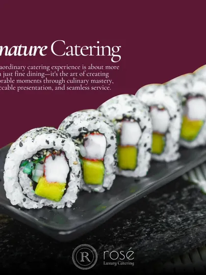 A line of California rolls, showcasing the precision and artistry of our sushi chefs. An extraordinary catering experience is about culinary mastery, impeccable presentation, and seamless service.
