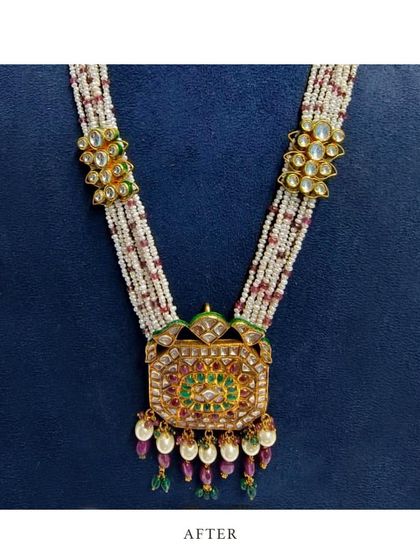 The final refurbished piece. We changed the pink bead strings to delicate pearls and refined the polki work, giving the necklace a modern twist while honouring the original design.