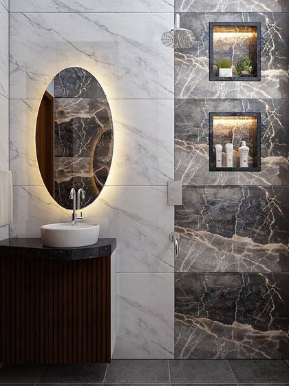 Another bathroom concept, rendered in 3D. This design features a combination of light and dark marble tiles, a backlit oval mirror, and illuminated shower niches for a dramatic effect.