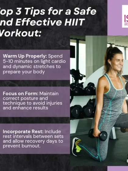 Here are my top 3 tips for a safe and effective HIIT workout. Remember to warm up properly, focus on your form, and incorporate rest to prevent burnout and maximize results.