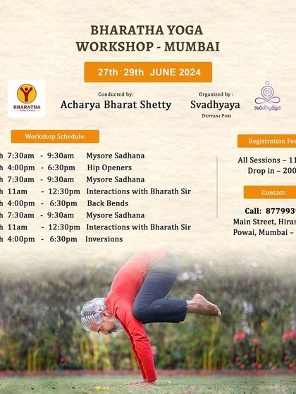 We are honored to host masters like Acharya Bharath Shetty. This workshop schedule shows a blend of traditional Mysore Sadhana with focused sessions on hip openers, backbends, and inversions.