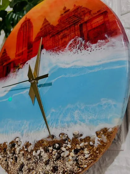 Another angle showcasing the beautiful details of the temple and the dynamic movement of the resin waves. This clock is a tribute to a sacred place.
