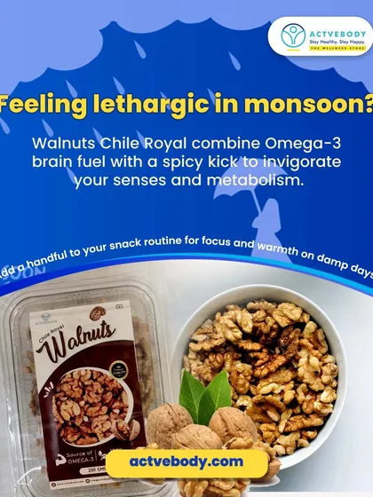 Feeling lethargic in the monsoon? This image of Walnuts Chile Royal explains how the combination of Omega-3 brain fuel and a spicy kick can invigorate your senses and metabolism on damp days.