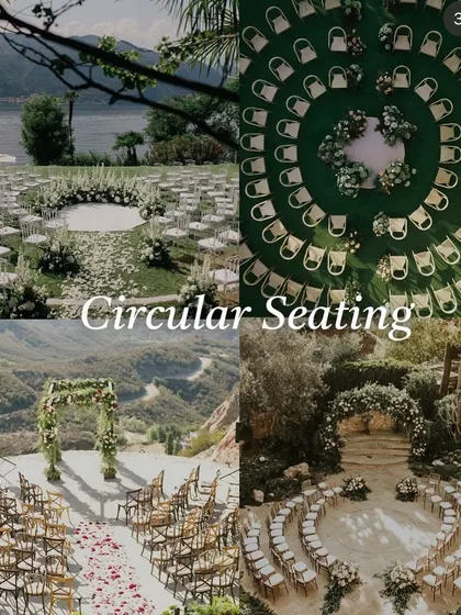 This mood board presents beautiful "Circular Seating" ideas, which create a very intimate and inclusive atmosphere for a wedding ceremony.