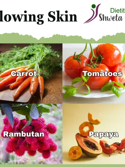 For glowing skin, include foods like carrots, tomatoes, rambutan, and papaya in your diet. They are rich in vitamins and antioxidants that nourish your skin from within.
