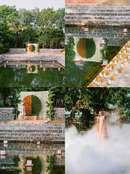A collage showcasing the unique 'kund' wedding venue, from the serene water body to the dramatic smoke-filled bridal entry.