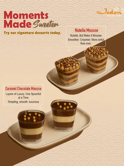 Our signature mousse cups are designed for moments of pure indulgence. This image showcases our rich Nutella Mousse and our luxurious Caramel Chocolate Mousse, both layered to perfection.