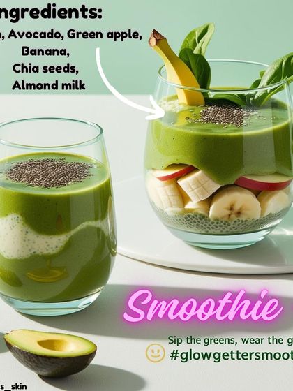 The Glow Getter smoothie is my go-to for hydrated, healthy skin. It's filled with spinach, avocado, green apple, and chia seeds, providing a powerful mix of antioxidants, healthy fats, and vitamins to boost collagen and give you a natural radiance.