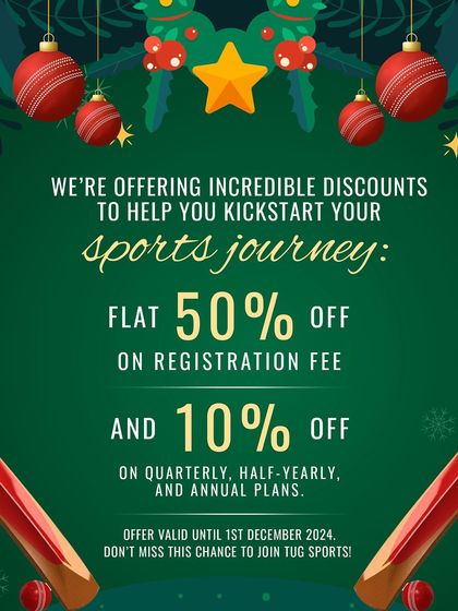 Kickstart your sports journey with our incredible Christmas offers. Get a flat 50% off on the registration fee and additional discounts on long-term plans.