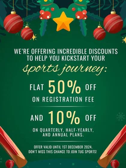 Kickstart your sports journey with our incredible Christmas offers. Get a flat 50% off on the registration fee and additional discounts on long-term plans.