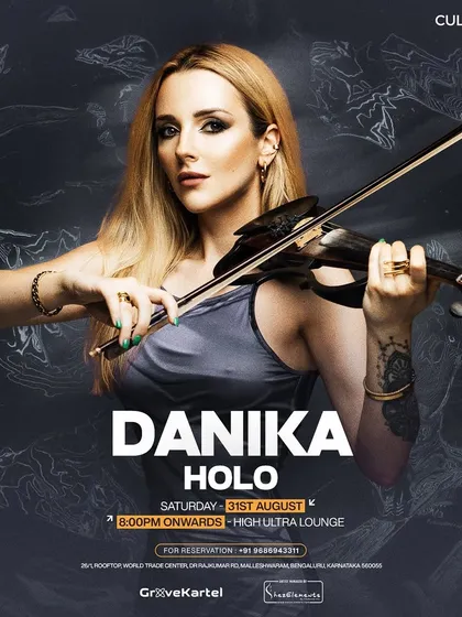 A poster for a live violin performance by Danika Holo. The design is elegant and dramatic, highlighting the unique combination of classical violin and electronic music.