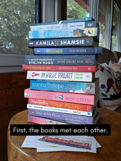 Before the readers dive in, the books meet each other. A stack of stories brought by our participants, ready to be shared and discussed during the retreat.