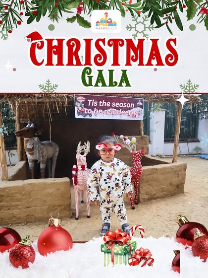A child dressed in festive pajamas poses with our reindeer decorations at the Christmas Gala. We create many such photo opportunities for families to capture the holiday magic.