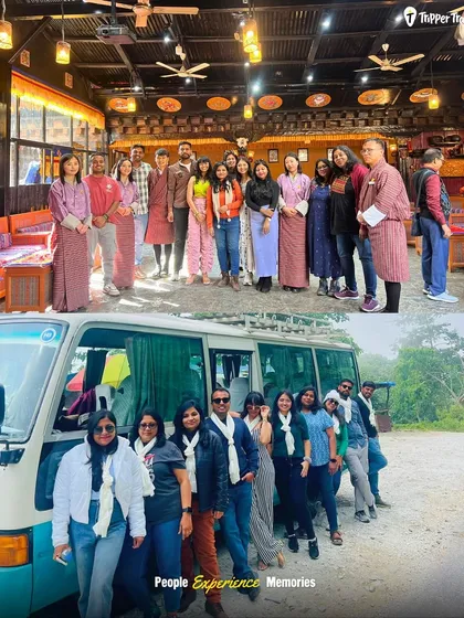 Two moments from our Bhutan trip: the group ready to explore in traditional attire and another shot of the squad by our travel bus. It's a journey of culture, friendship, and adventure.