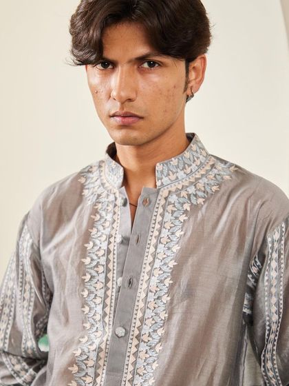 A final portrait in the grey Chanderi kurta, a perfect example of understated elegance.