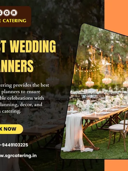An elegant outdoor reception setup with rustic wooden tables and beautiful floral centerpieces under ambient string lights. We plan weddings in all styles, finding the perfect venue and creating the right atmosphere, whether it's a grand hall or an intimate garden.