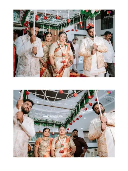 A collage showing the bride's grand entrance under a phoolon ki chadar. This traditional moment is captured with a sense of grandeur and anticipation.