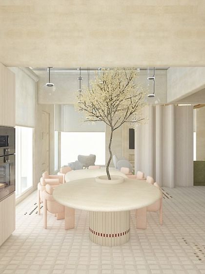 A view of the kitchen and dining area from the 'Steen House' design board. The open-plan space is designed to be airy and light-filled, with a focus on natural materials and sculptural forms.