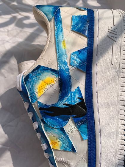A detail shot of the "Starry Night" swoosh. I love how the patchwork design of the Billie Eilish edition AF1s breaks up the painting into interesting geometric shapes.