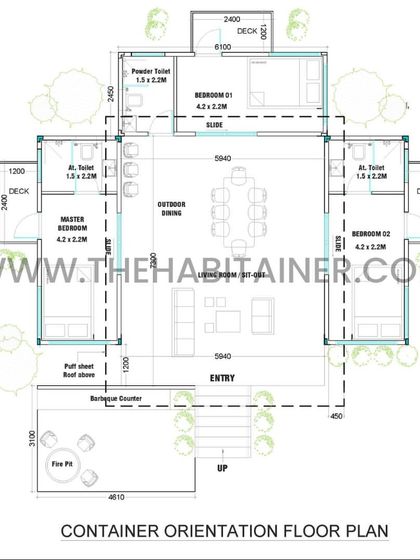 A detailed floor plan for a 3BHK container home. The design features a central outdoor dining area, a master bedroom, two additional bedrooms with attached toilets, and a barbecue counter with a fire pit.