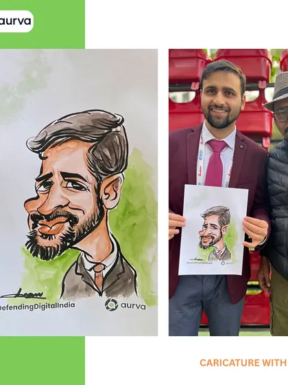 Smiles, sketches, and stories at Aurva’s digital defense booth. This collage shows me with a happy guest, celebrating innovation with creativity.