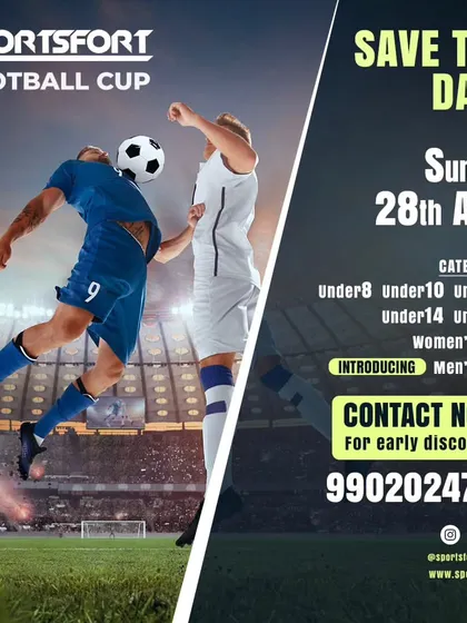 Save the date for the Sportsfort Football Cup. This poster details the various age categories, from Under-8 to Men's and Women's Open, ensuring a competitive spot for every football enthusiast.