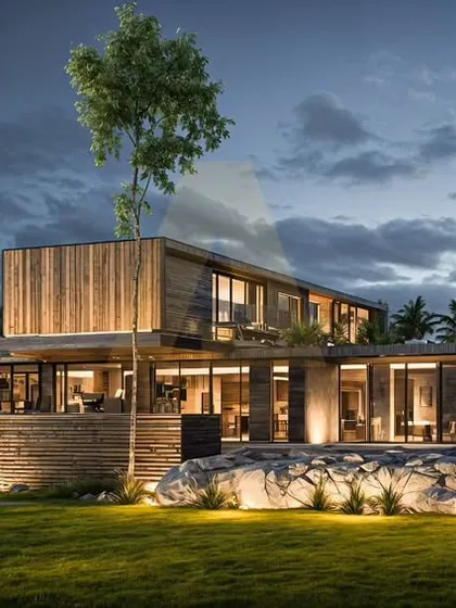 The Aravalli farmhouse at dusk, where the architectural lighting highlights the minimal design. The warm interior lights create a beautiful contrast with the evening sky, showcasing the home's indoor-outdoor connection.