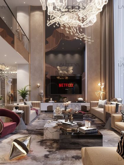 Welcome to the epitome of modern luxury. This living room uses a double-height ceiling to create grandeur, while warm wood paneling and plush velvet accents add layers of texture and refinement. The space is a perfect blend of comfort and opulence.