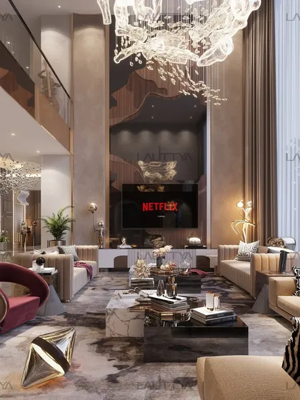 This design concept for a modern family room features a large media wall integrated into a double-height space. We used a mix of marble coffee tables, plush sofas, and sculptural accent chairs in warm tones to create a luxurious yet comfortable area for entertainment.