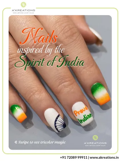 Celebrate special occasions with our custom thematic nail art. This patriotic design features the Indian tricolor, Ashoka Chakra, and "Proud Indian" script for a festive statement.