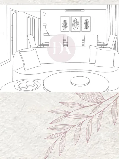 The initial line drawing for the living room in the previous image. This sketch outlines the furniture placement and overall composition, setting the stage for the final design.