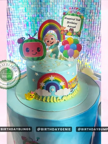 A close-up of the custom Cocomelon-themed birthday cake, showing how I can coordinate every detail of the party.
