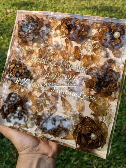 A different angle of the 8x8 inch block, showing how the light catches the preserved flowers and pearls inside. The depth of the block really makes the details pop.