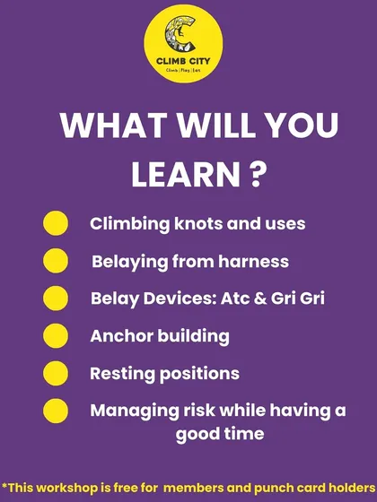 Safety first, always. This graphic breaks down what you'll master in our belay and rope skills workshop. We cover everything from essential climbing knots and anchor building to managing risk, so you can climb with confidence. This workshop is free for our members.
