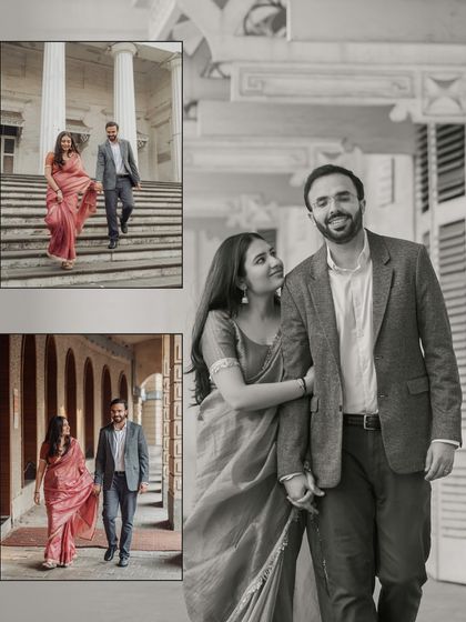 This black and white collage captures the elegance of their walk through the architectural beauty of Mumbai, highlighting their connection and the grandeur of the location.