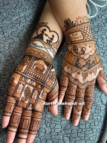 A beautiful engagement mehandi with the words "Just Engaged" and a silhouette of a proposal, making the design incredibly personal and special.