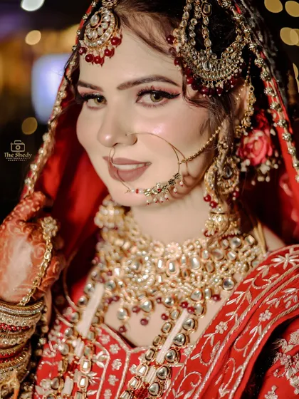 A classic bridal portrait of Simran. The close-up shot with a soft, smiling expression captures her happiness, with the bokeh of the background lights adding a magical touch.