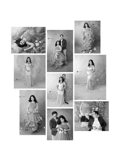 A collage showcasing the variety of poses and emotions captured during a single maternity session, from solo portraits to intimate couple shots.