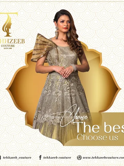 Choose the best, choose us. This golden gown with a unique shoulder design is just one example of the stunning designer outfits you can find at our store.