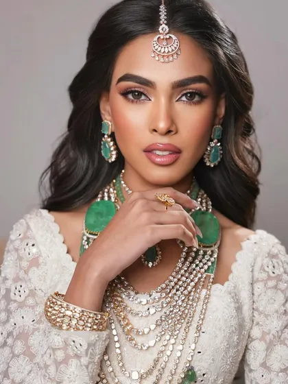 A close up on the beautiful makeup and the magnificent emerald and polki jewelry.