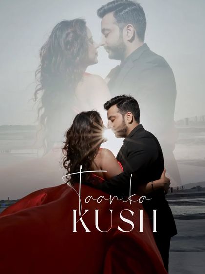 A creative double-exposure pre-wedding portrait, blending an intimate moment with a grander, romantic pose, telling a layered story of their love.