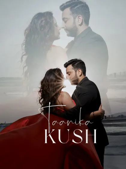 A creative double-exposure pre-wedding portrait, blending an intimate moment with a grander, romantic pose, telling a layered story of their love.