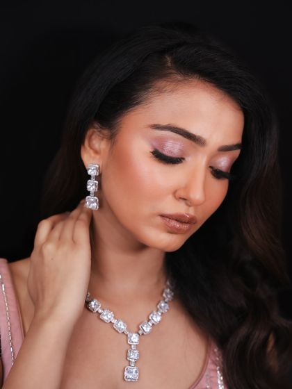 Another beautiful angle of the evening gown look, showcasing the delicate shimmer on the eyes.