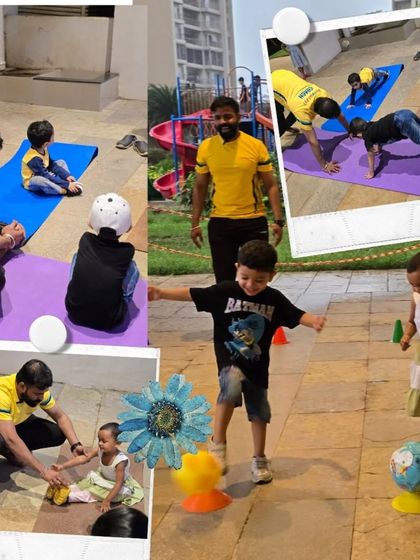 Our sessions include a variety of activities to keep toddlers engaged. This collage shows kids doing mat exercises like bear crawls, playing with balls, and running through cone drills.