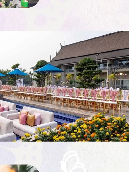 A view of the poolside seating arrangement we created for a destination wedding. We combine lounge sofas and traditional seating to create a comfortable and chic atmosphere.