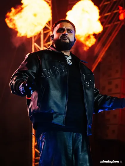 NAV makes a powerful entrance at Rolling Loud Mumbai, flanked by twin pillars of fire. This image showcases my ability to capture dramatic, high-impact moments that define a festival experience.