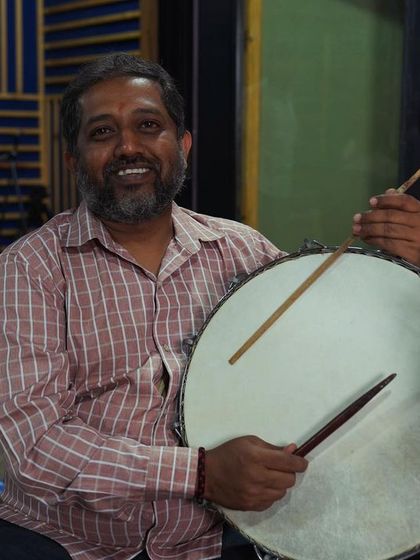A portrait of one of the Bangalore folk rhythm section artists. I am deeply grateful for the unique skills and traditions each musician brings to the project.