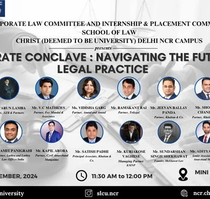 This event banner announces our Partner, MATHEWS V.C., as a speaker at the Corporate Conclave at Christ University. He addressed the legal and regulatory challenges in IPR litigation, a key area of our practice.