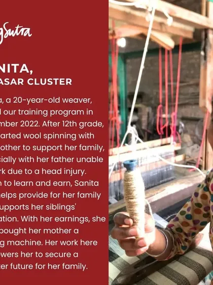 Sanita, a 20-year-old weaver, joined our training program to support her family. With her earnings, she helps with her siblings' education and even bought her mother a sewing machine.